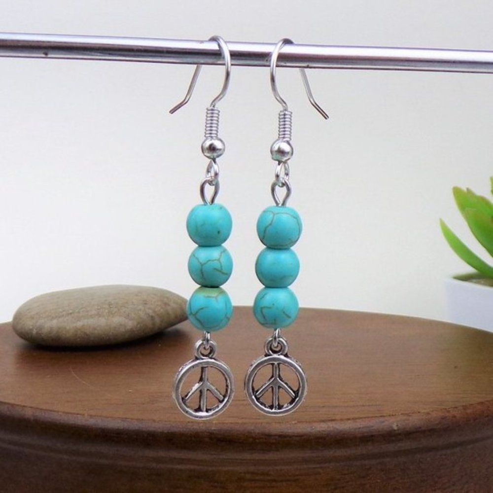 Turquoise Bead & Peace Charm Earrings